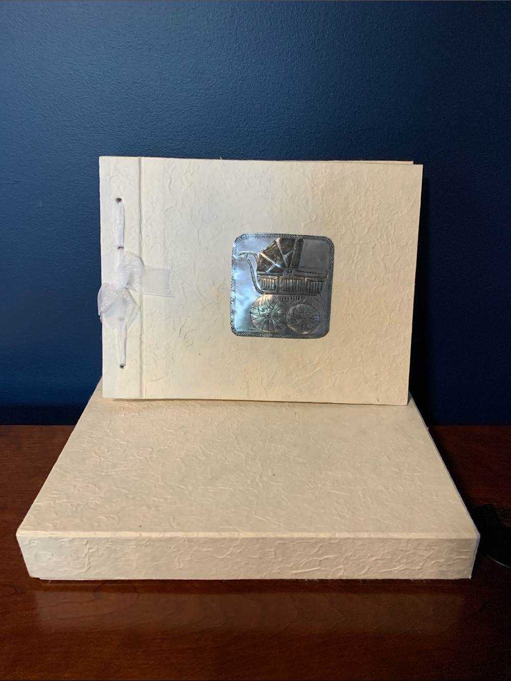 Ivory Baby Memory Book with Box Silver Pram Accent